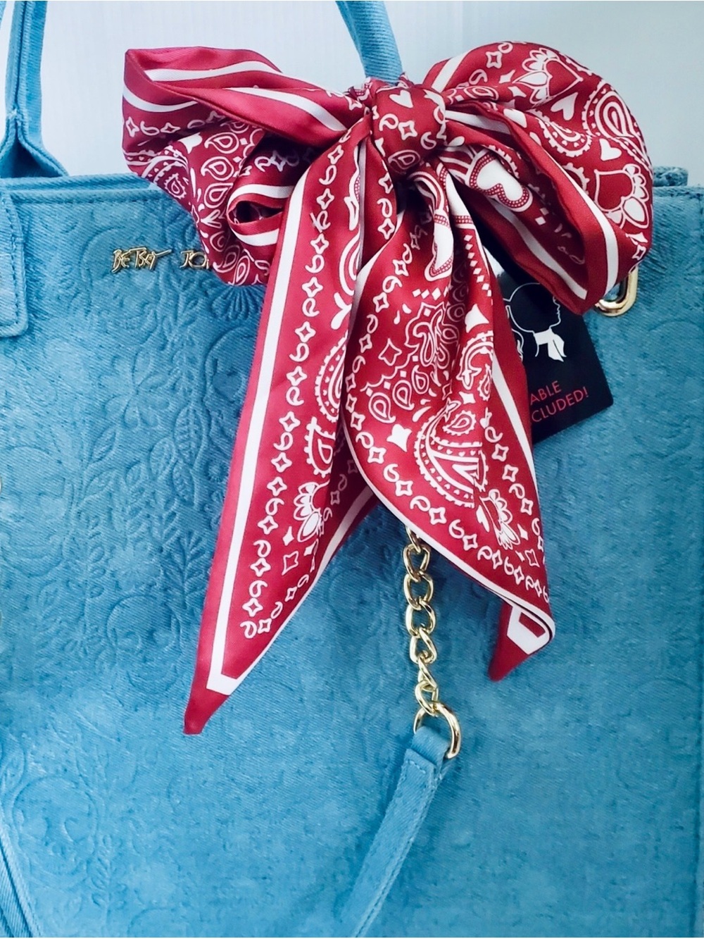 Betsey Johnson XOKiara Denim skull embossed tote plus bag charm and hair clip. - Picture 4 of 10